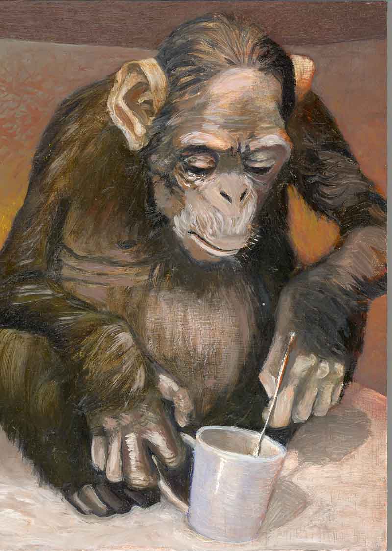 chimp with coffee cup and spoon